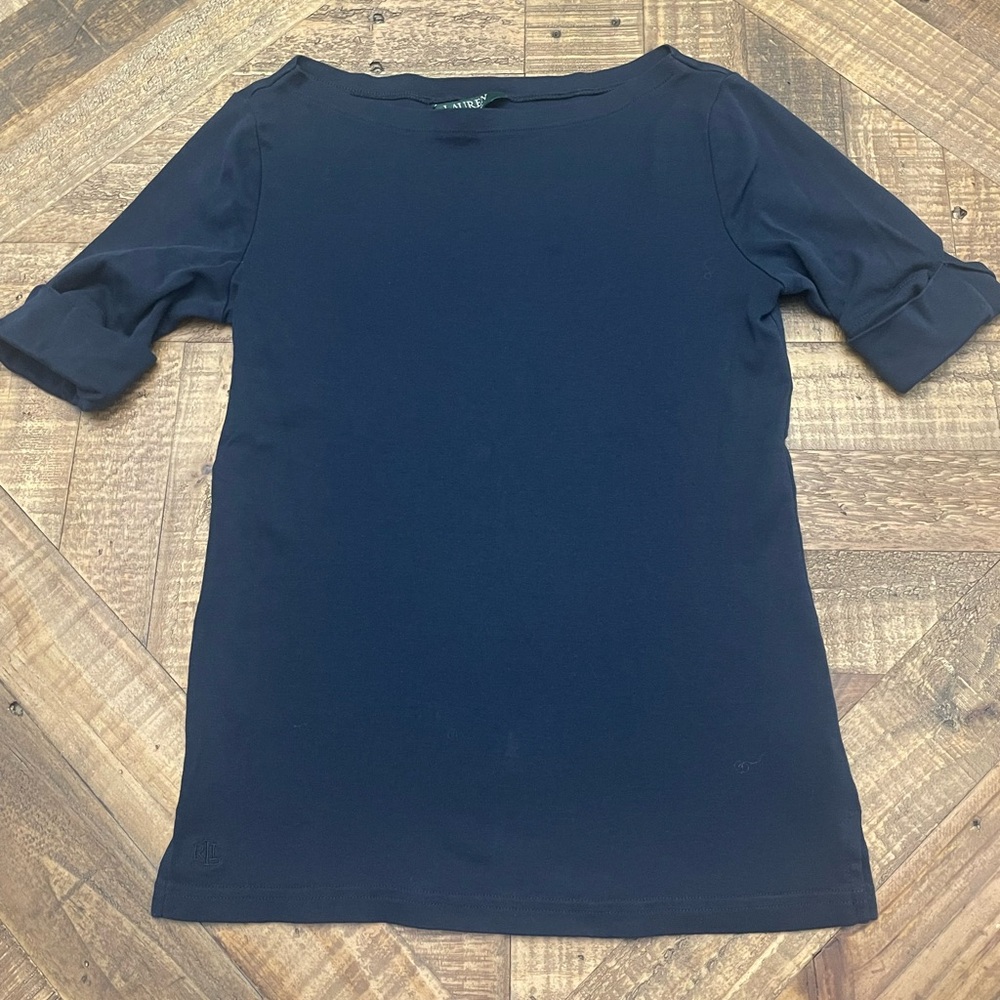 Lauren Ralph Lauren Navy Blue Stretch Cotton Boatneck Tee Cuffed Short Sleeve S